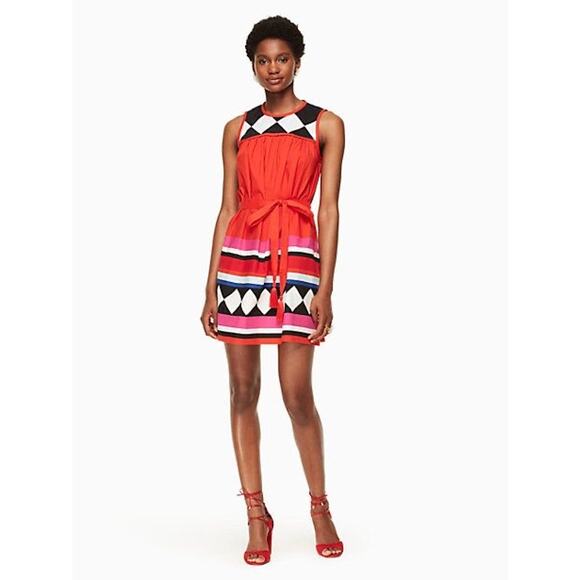 Kate Spade New York Black Red Geo Babydoll Belted Sleeveless Dress  Size XS - Picture 2 of 16